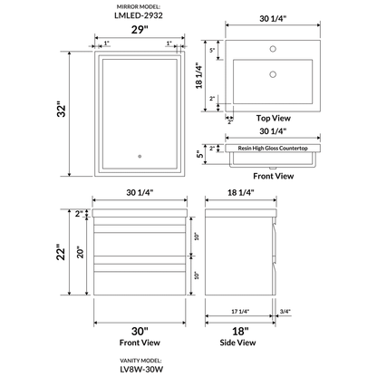 30’’ W Wall-Mount Modern White Vanity LV8W-30W with Square Sink Top - Bathroom Vanities