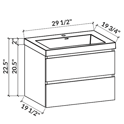 30’’ Wall Mount Single Bathroom Vanity in Oak with White Integrated Sink LV13-30 - Bathroom Vanities