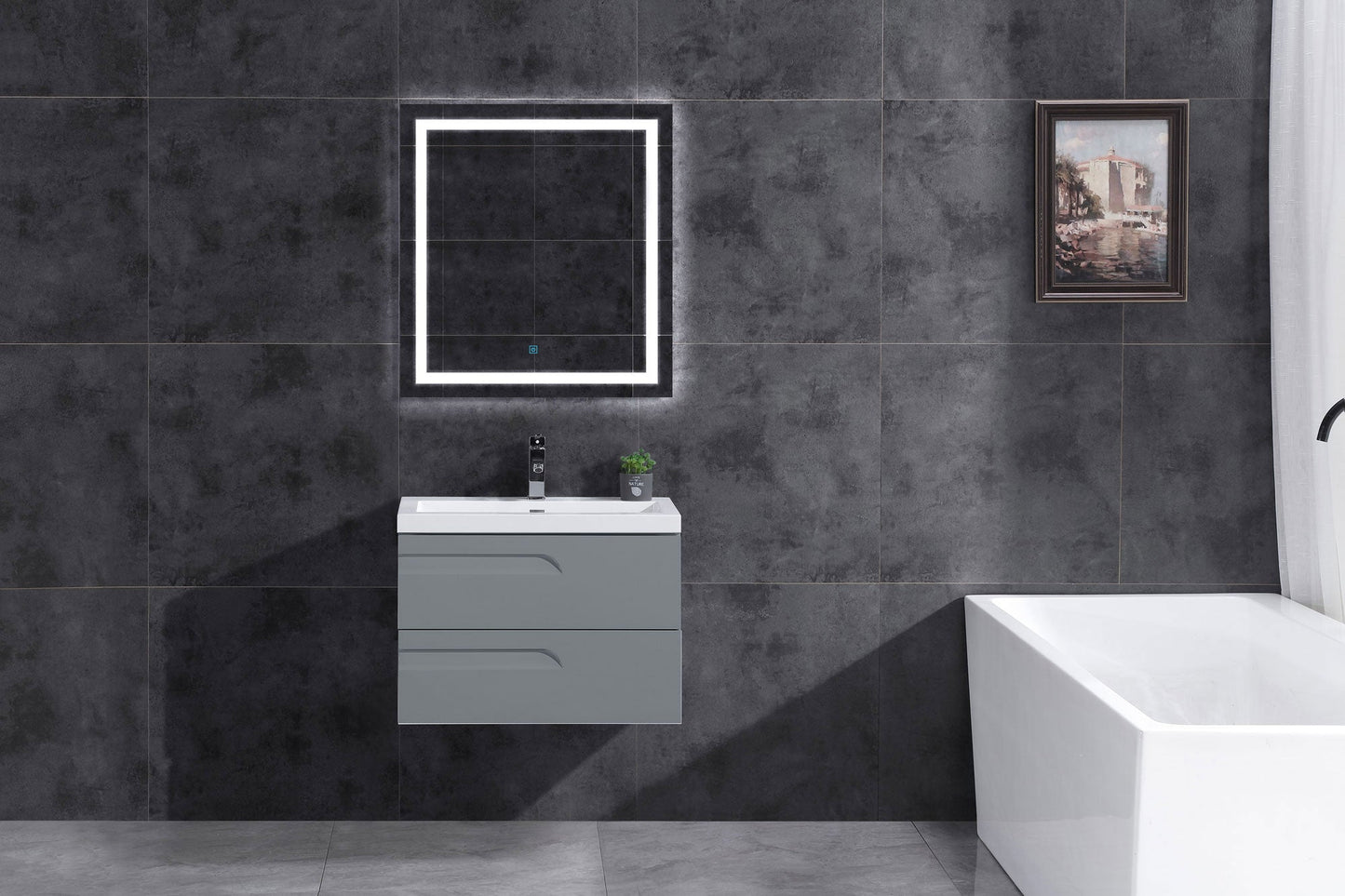 30’’ Wall Mount Single Sink Bathroom Vanity in Gray Gloss with Square Counter Top LV7W-30G - Bathroom Vanities