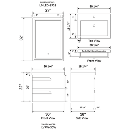 30’’ Wall Mount Single Sink Bathroom Vanity in White Gloss with Square Counter Top LV7W-30W - Bathroom Vanities
