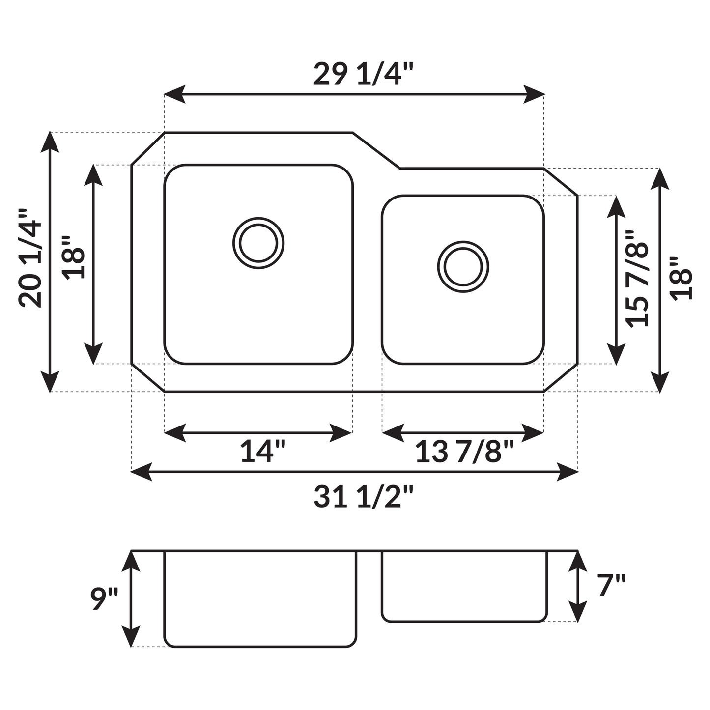 31.5 in Undermount Stainless Steel 60/40 Double Bowl Kitchen SinkL L202R - Sinks