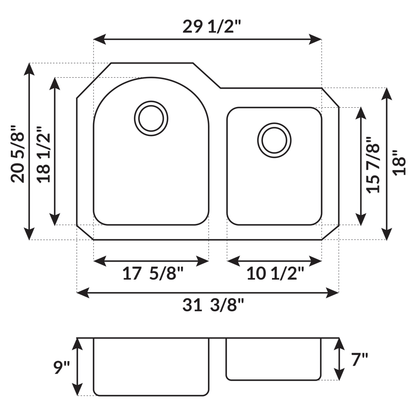 31 in Undermount Stainless Steel 60/40 Double Bowl Kitchen SinkL L201R - Sinks
