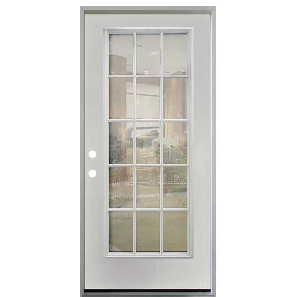 32 in. x 80 in. 15-Lite Clear Unfinished White Prehung Fiberglass Exterior Door - Right-Handed - Exterior Doors