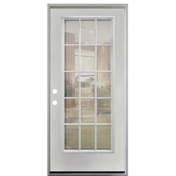 32 in. x 80 in. 15-Lite Clear Unfinished White Prehung Fiberglass Exterior Door - Left-Handed - Exterior Doors