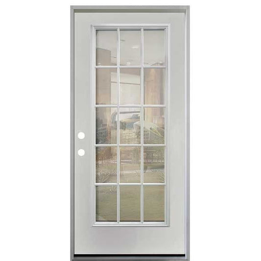32 in. x 80 in. 15-Lite Clear Unfinished White Prehung Fiberglass Exterior Door - Left-Handed - Exterior Doors