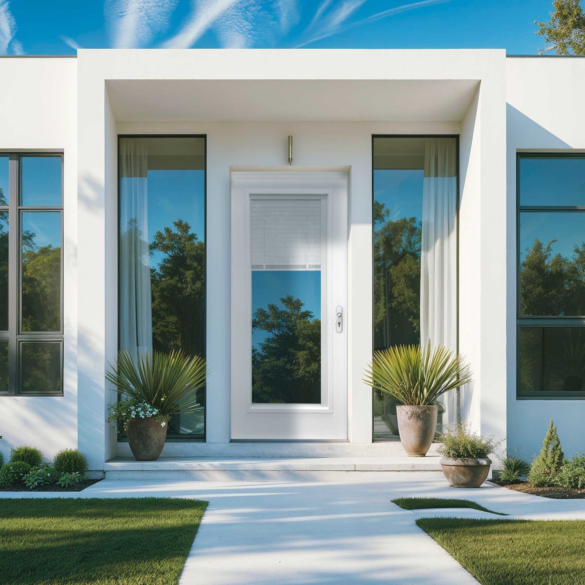 32 in. x 80 in. Clear Low-E Prehung Unfinished White Fiberglass Door with Blinds - Exterior Doors