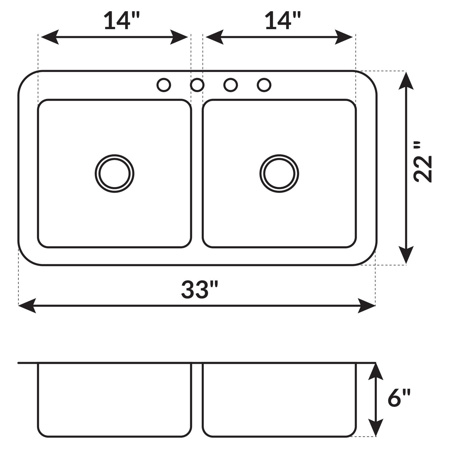 33 in. Drop-In 50/50 Double Bowl 20 Gauge Stainless Steel Kitchen Sink LTD64 - Sinks