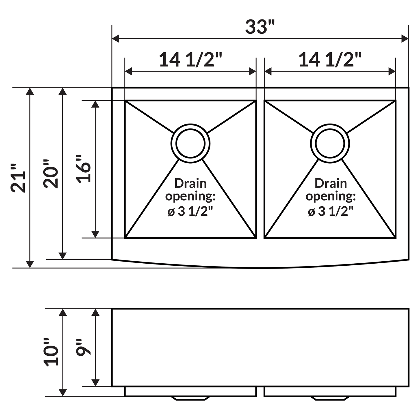 33 in. Farmhouse/Apron-Front 50/50 Double Bowl 16 Gauge Stainless Steel Kitchen Sink LPF4 - Sinks