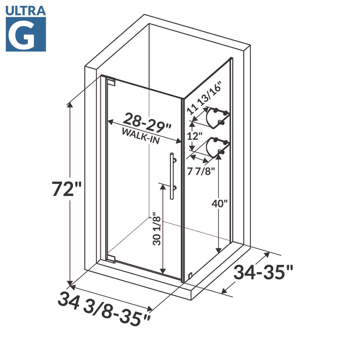 34 3/8-35 W x 72 H  x 34-35 D Swing-Out Shower Enclosure ULTRA-G