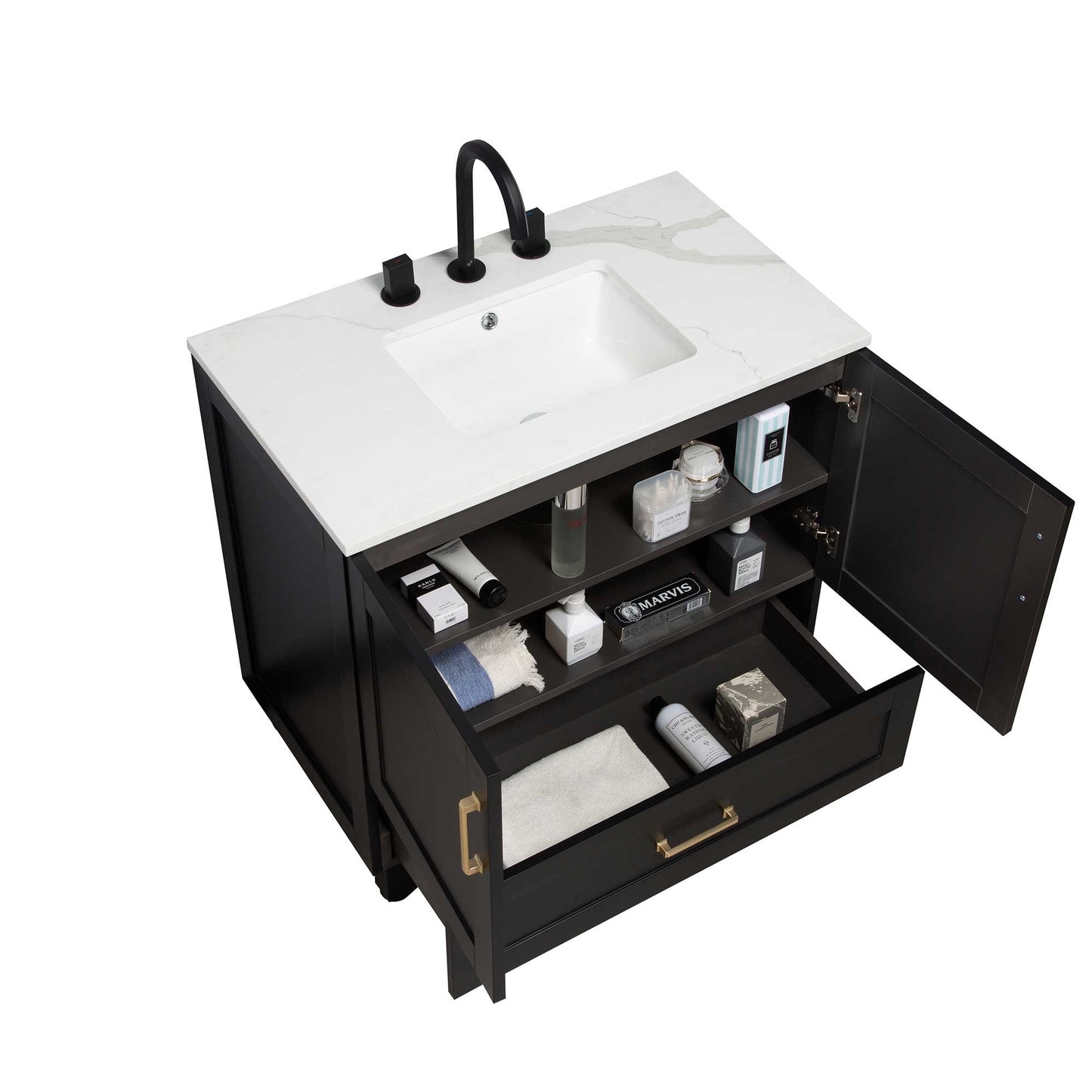 36’’ Freestanding Single Bathroom Vanity in Black with Quartz Stone Countertop - Bathroom Vanities