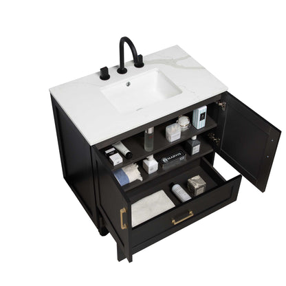36’’ Freestanding Single Bathroom Vanity in Black with Quartz Stone Countertop - Bathroom Vanities