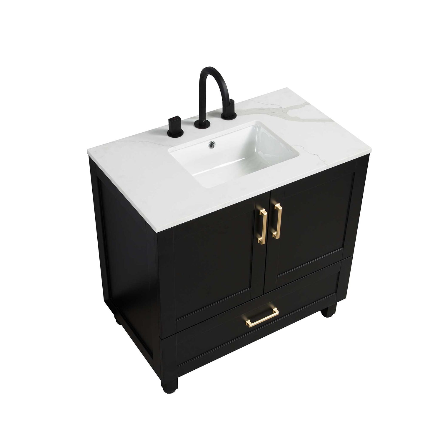 36’’ Freestanding Single Bathroom Vanity in Black with Quartz Stone Countertop - Bathroom Vanities
