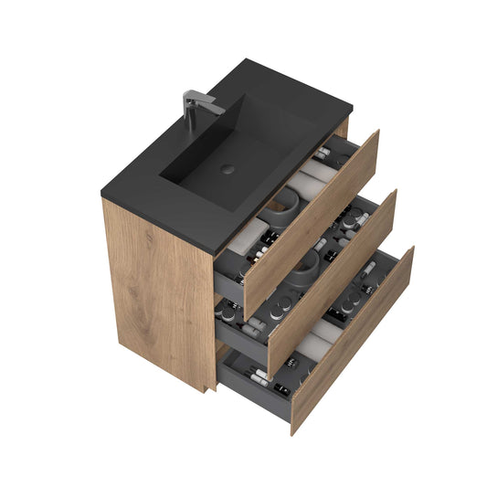 36’’ Freestanding Single Bathroom Vanity in Oak with Black Quartz Integrated Sink - Bathroom Vanities