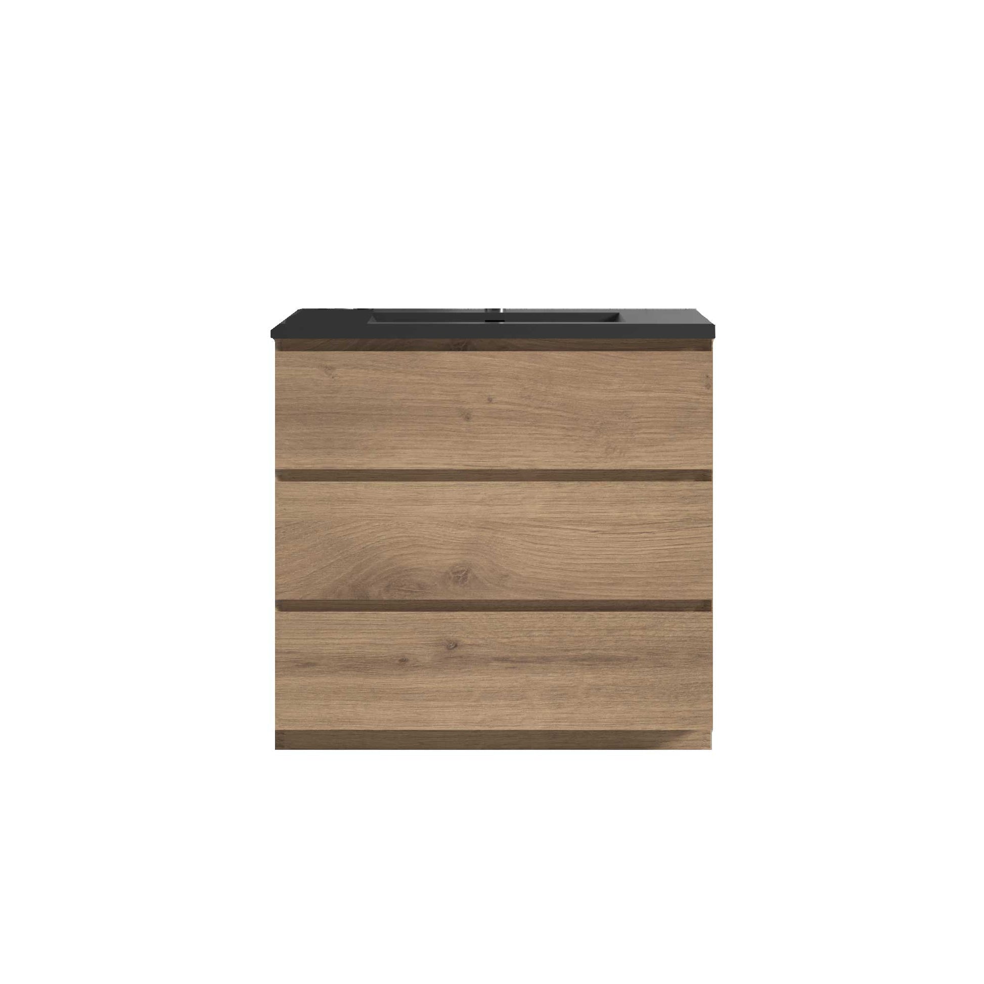 36’’ Freestanding Single Bathroom Vanity in Oak with Black Quartz Integrated Sink - Bathroom Vanities