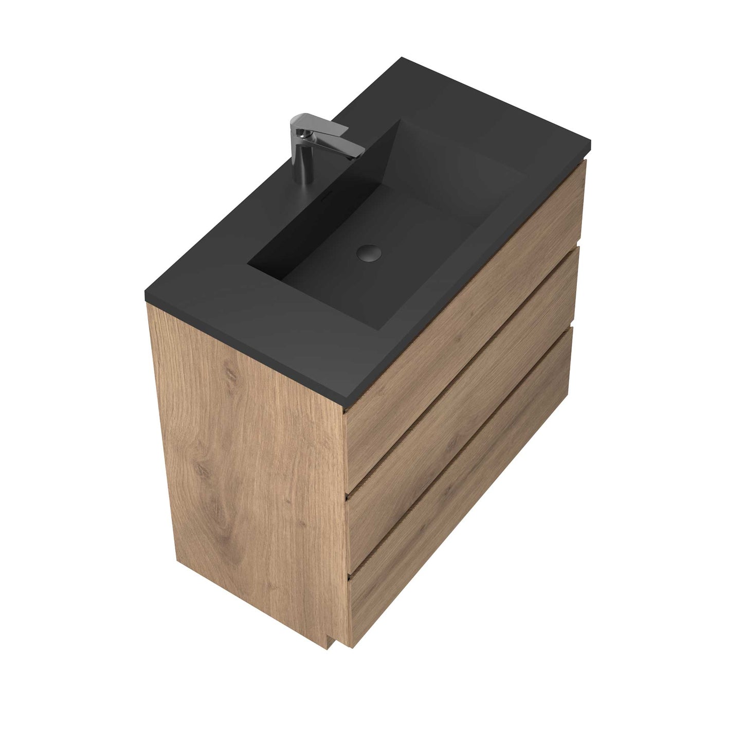 36’’ Freestanding Single Bathroom Vanity in Oak with Black Quartz Integrated Sink - Bathroom Vanities