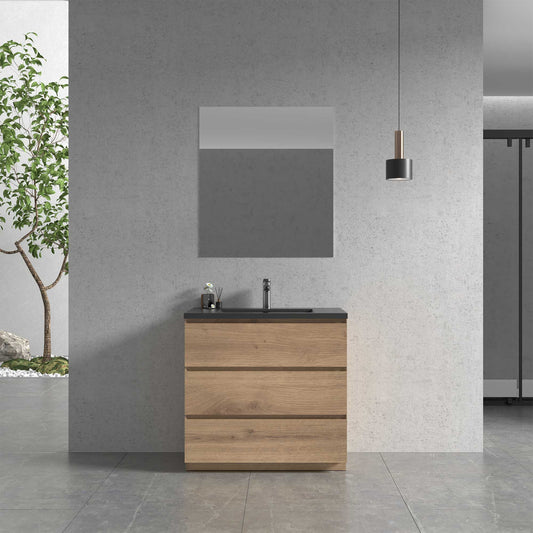 36’’ Freestanding Single Bathroom Vanity in Oak with Black Quartz Integrated Sink - Bathroom Vanities