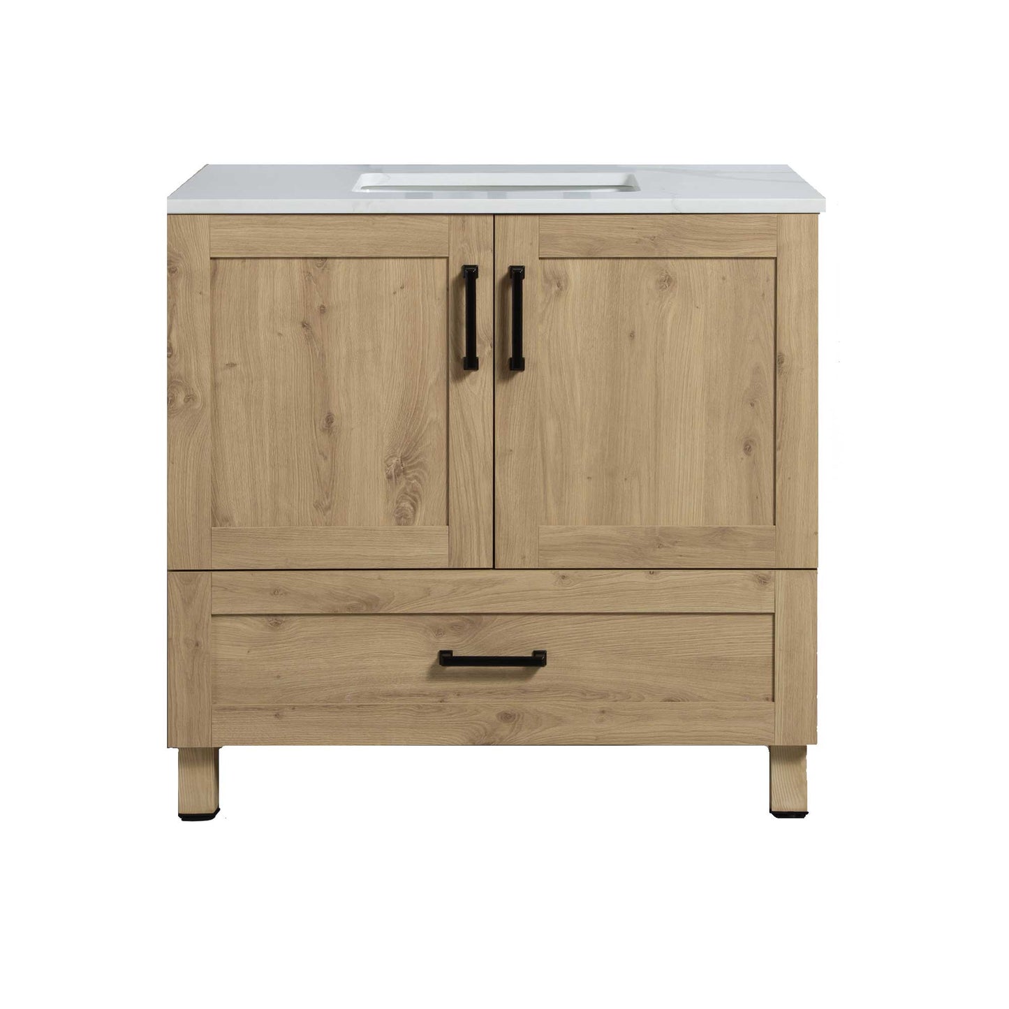36’’ Freestanding Single Bathroom Vanity in Oak with Quartz Stone Countertop - Bathroom Vanities