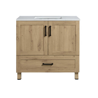 36’’ Freestanding Single Bathroom Vanity in Oak with Quartz Stone Countertop - Bathroom Vanities