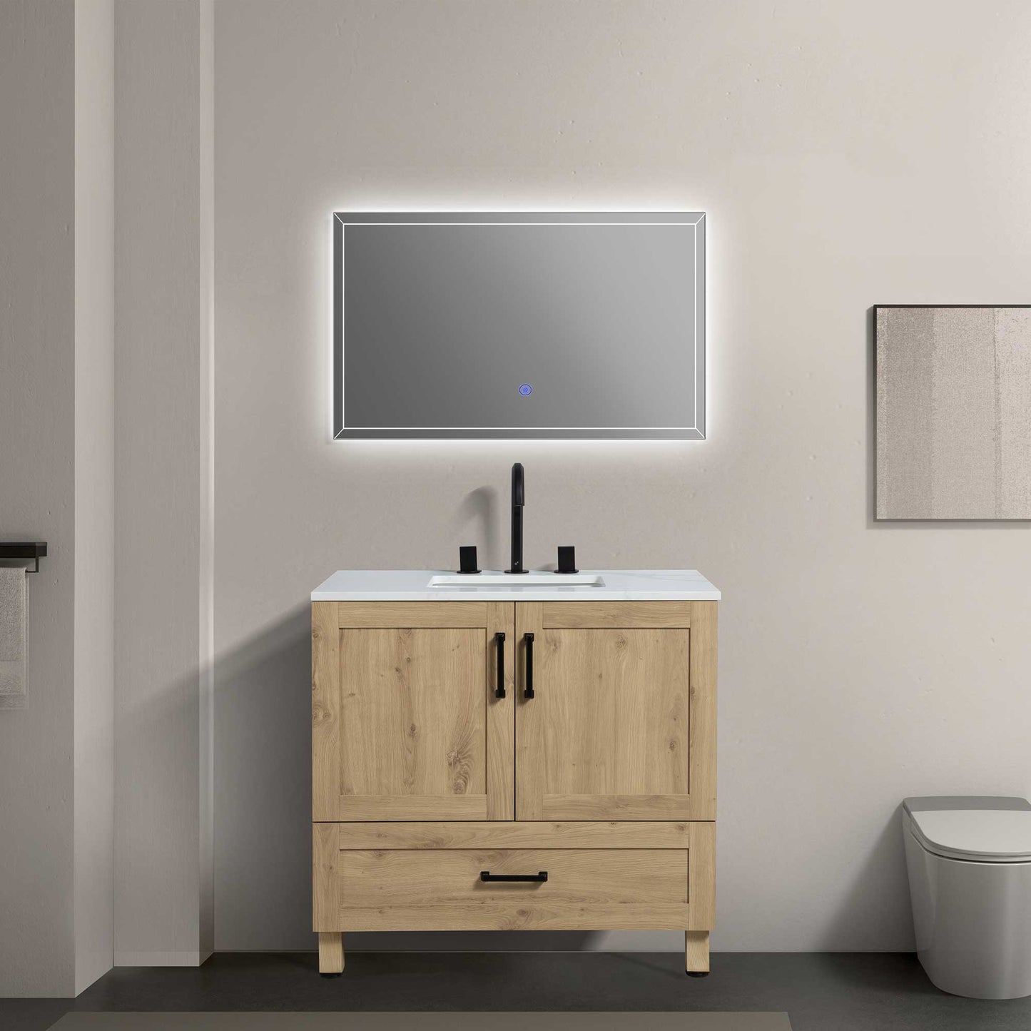36’’ Freestanding Single Bathroom Vanity in Oak with Quartz Stone Countertop - Bathroom Vanities