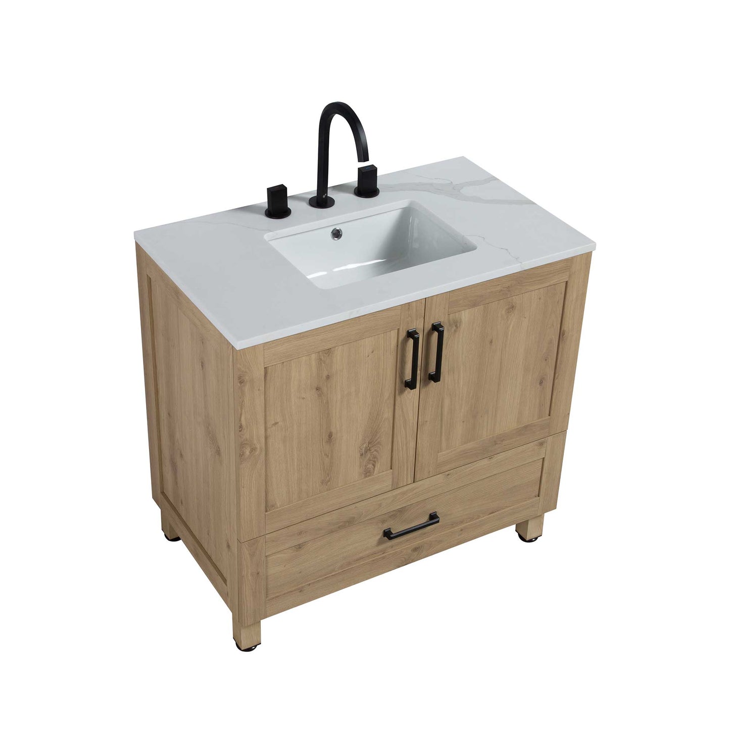 36’’ Freestanding Single Bathroom Vanity in Oak with Quartz Stone Countertop - Bathroom Vanities