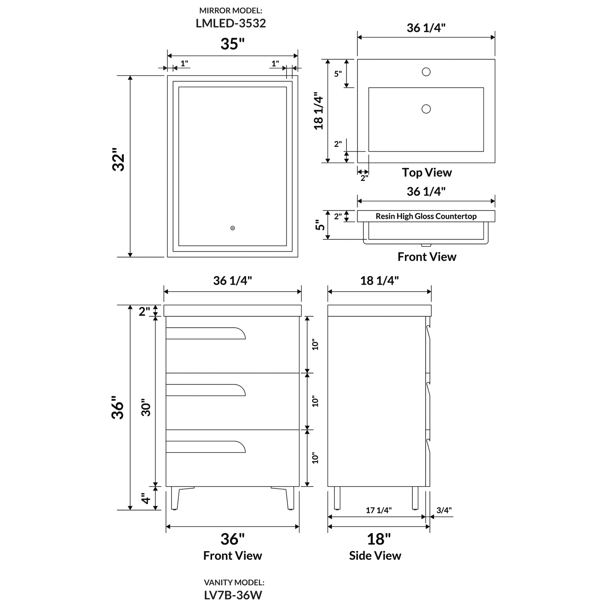 36’’ Freestanding Single Sink Bathroom Vanity in Gray Gloss with Square Counter Top LV7B-36G - Bathroom Vanities
