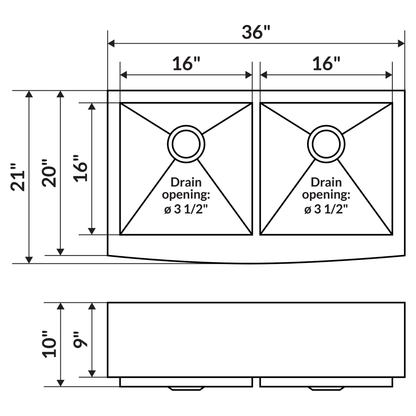 36 in. Farmhouse/Apron-Front 50/50 Double Bowl 16 Gauge Stainless Steel Kitchen Sink LPF5 - Sinks