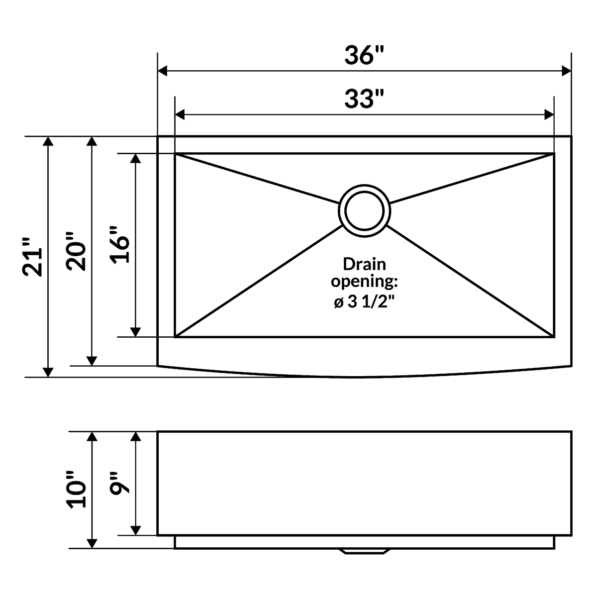 Modern Curved Farmhouse Full Apron Kitchen Sink 36"W x 21"L x 10"D
