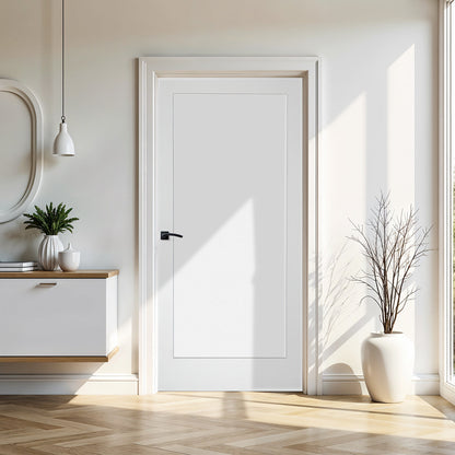 36 in. x 80 in. 1-Panel Shaker Solid Core Primed White MDF Prehung Interior Door with Black Hinges - Interior Doors