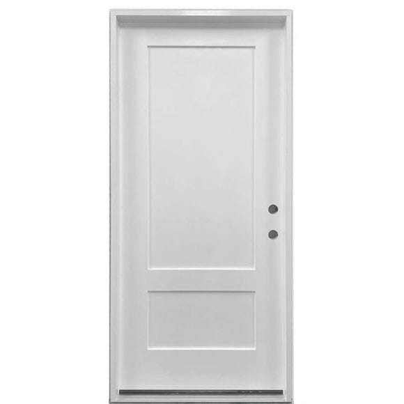 36 in. x 80 in. 2 Panel Shaker Fire Rated Unfinished White Prehung Fiberglass Exterior Door - Left-Handed - Exterior
