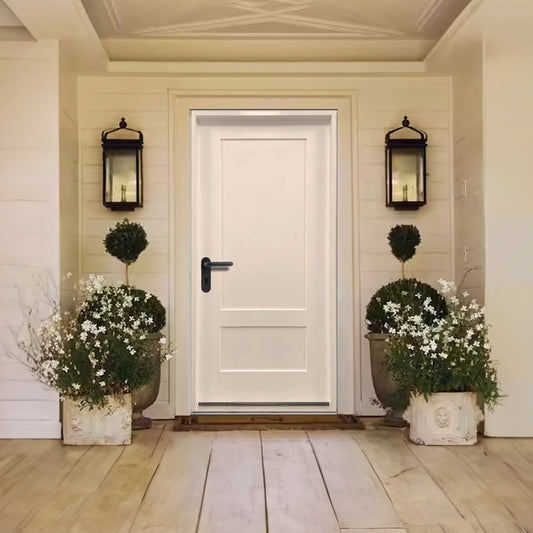 36 in. x 80 in. 2 Panel Shaker Fire Rated Unfinished White Prehung Fiberglass Exterior Door - Exterior Doors