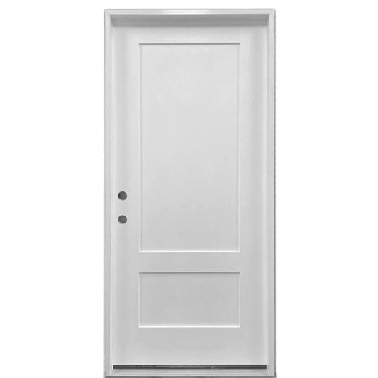 36 in. x 80 in. 2 Panel Shaker Fire Rated Unfinished White Prehung Fiberglass Exterior Door - Right-Handed - Exterior