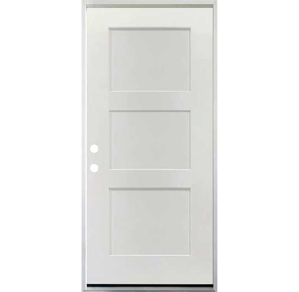 36 in. x 80 in. 3 Panel Fire Rated Unfinished White Prehung Fiberglass Exterior Door with Brickmold - Right-Handed