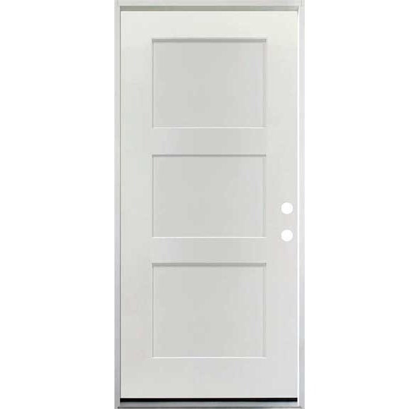 36 in. x 80 in. 3 Panel Fire Rated Unfinished White Prehung Fiberglass Exterior Door with Brickmold - Left-Handed