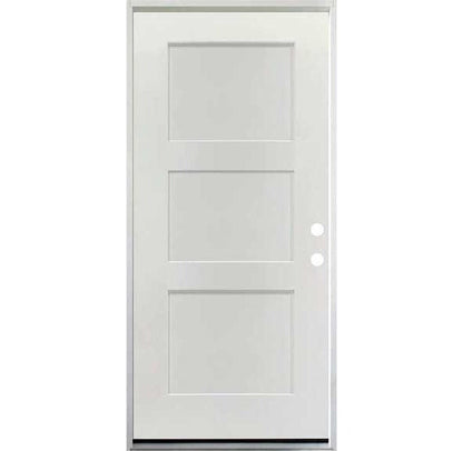 36 in. x 80 in. 3 Panel Fire Rated Unfinished White Prehung Fiberglass Exterior Door with Brickmold - Left-Handed