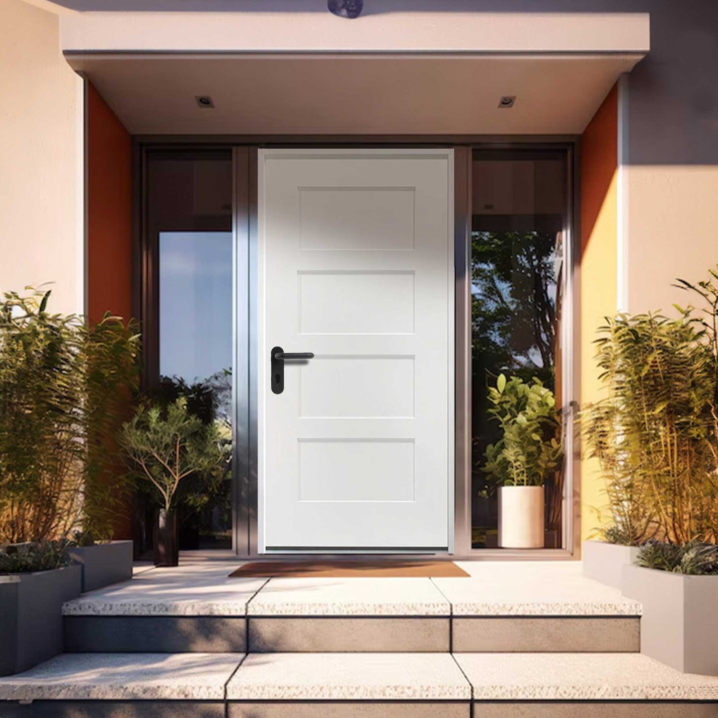 36 in. x 80 in. 4 Panel Fire Rated Unfinished White Prehung Fiberglass Exterior Door with Brickmold - Exterior Doors