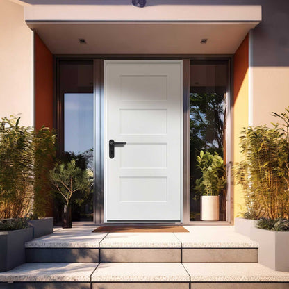 36 in. x 80 in. 4 Panel Fire Rated Unfinished White Prehung Fiberglass Exterior Door with Brickmold - Exterior Doors