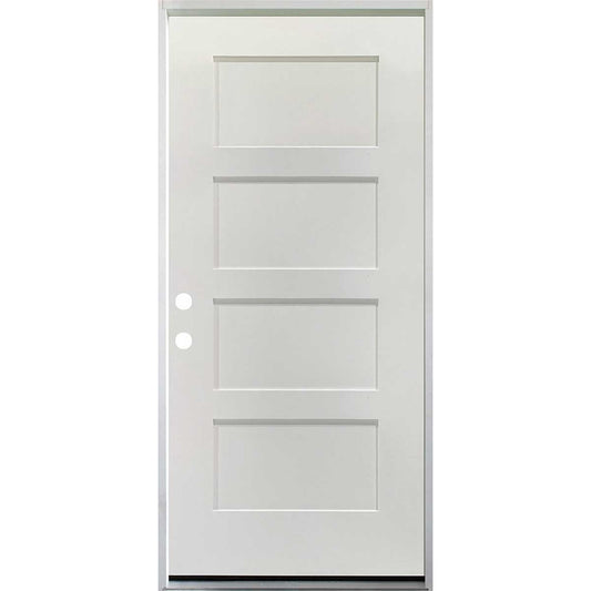 36 in. x 80 in. 4 Panel Fire Rated Unfinished White Prehung Fiberglass Exterior Door with Brickmold - Right-Handed
