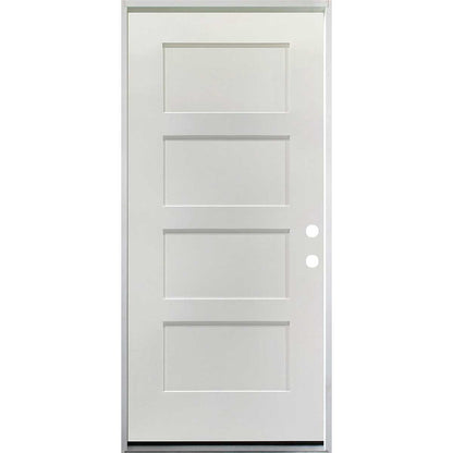 36 in. x 80 in. 4 Panel Fire Rated Unfinished White Prehung Fiberglass Exterior Door with Brickmold - Left-Handed