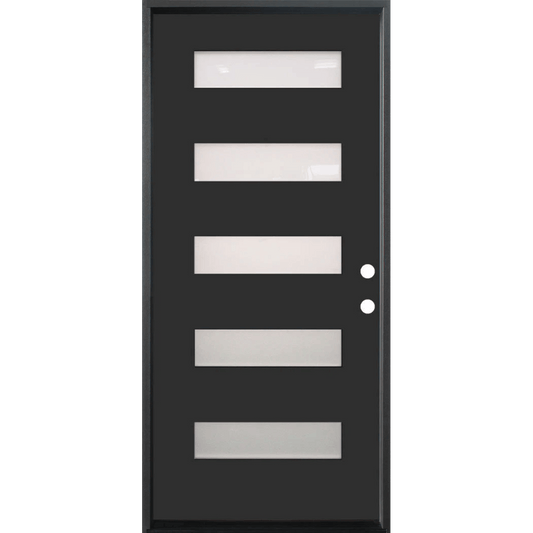 36 in. x 80 in. 5-Lite Shaker Acid Etch Painted Black Prehung Fiberglass Exterior Door with Brickmold - Left-Handed