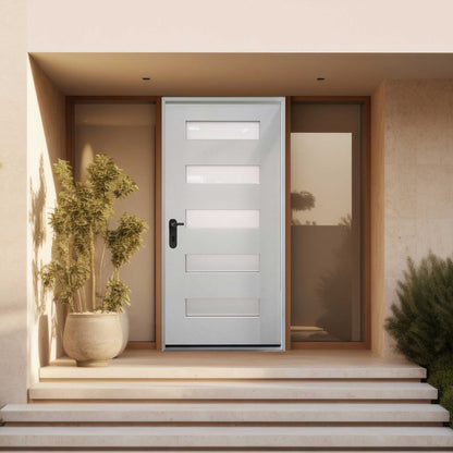 36 in. x 80 in. 5-Lite Shaker Acid Etch Unfinished White Prehung Fiberglass Exterior Door with Brickmold - Exterior