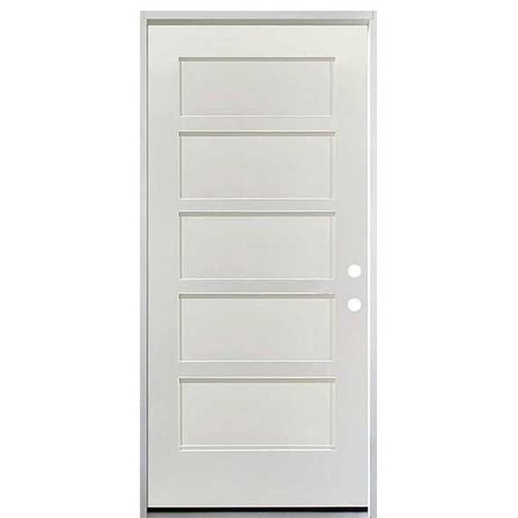 36 in. x 80 in. 5 Panel Fire Rated Unfinished White Prehung Fiberglass Exterior Door with Brickmold - Left-Handed