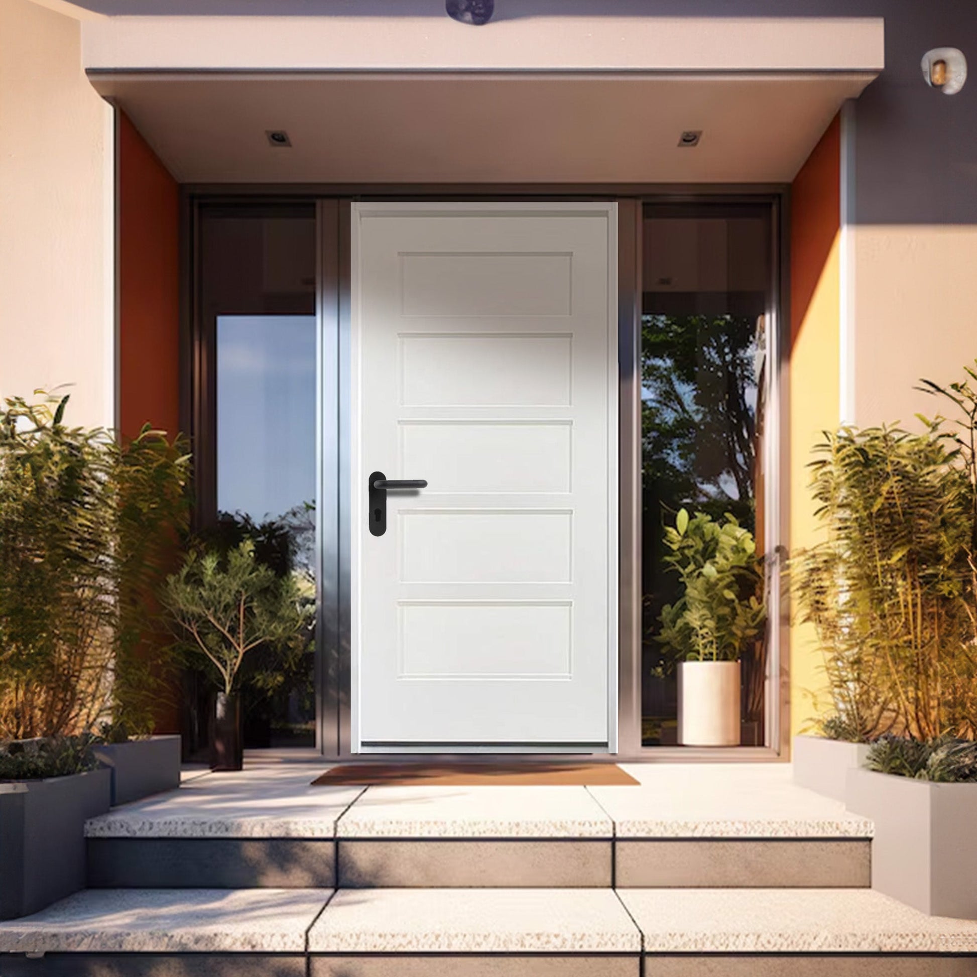 36 in. x 80 in. 5 Panel Fire Rated Unfinished White Prehung Fiberglass Exterior Door with Brickmold - Exterior Doors