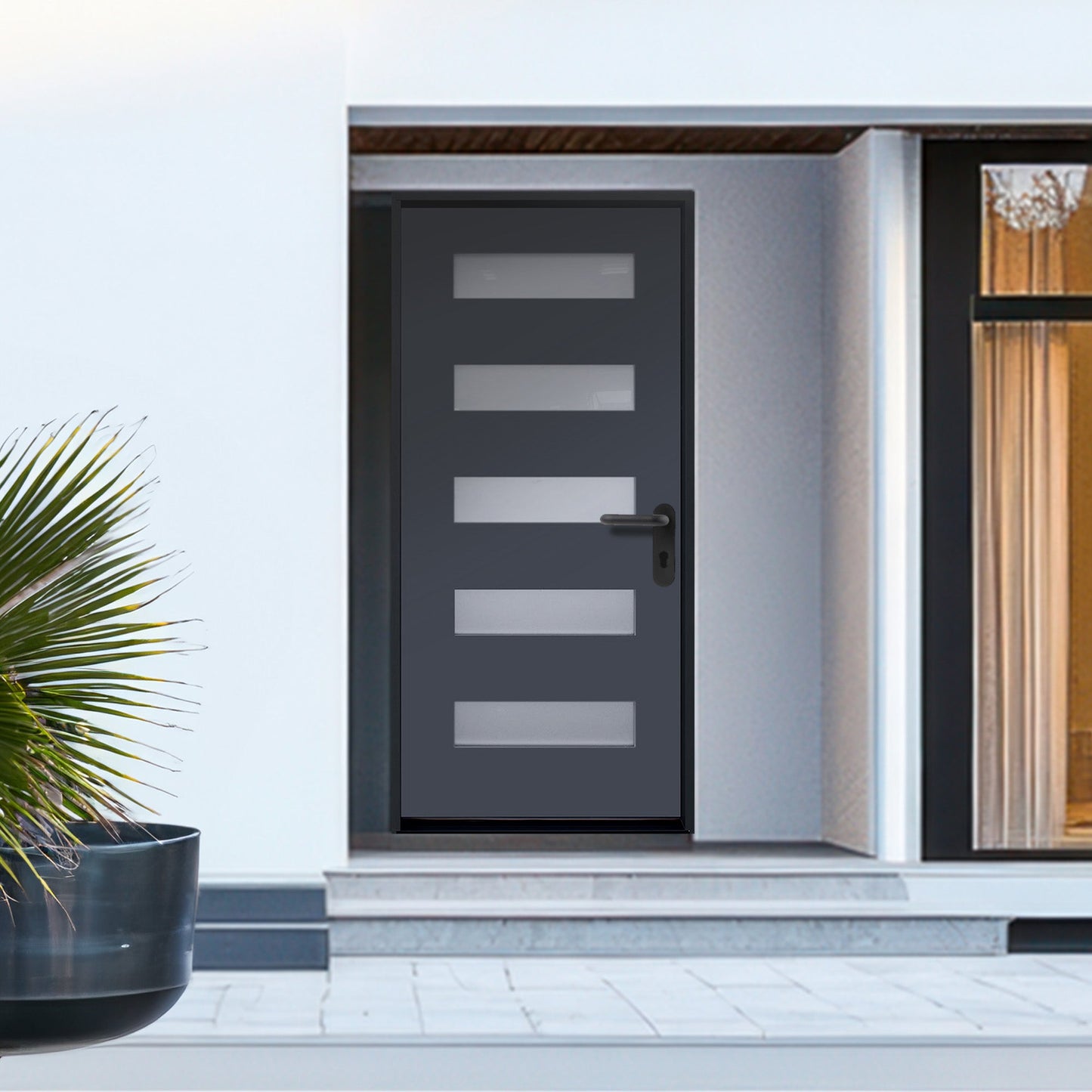 36 in. x 80 in. 6-Lite Shaker Acid Etch Painted Gray Prehung Fiberglass Exterior Door with Brickmold - Exterior Doors