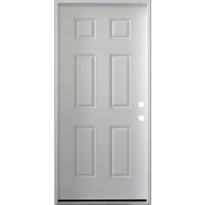36 in. x 80 in. 6 Panel Fire Rated Unfinished White Prehung Fiberglass Exterior Door with Brickmold - Left-Handed