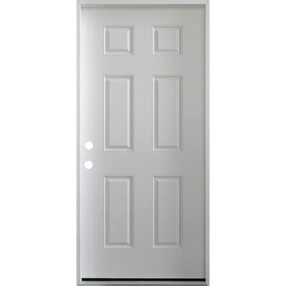 36 in. x 80 in. 6 Panel Fire Rated Unfinished White Prehung Fiberglass Exterior Door with Brickmold - Right-Handed