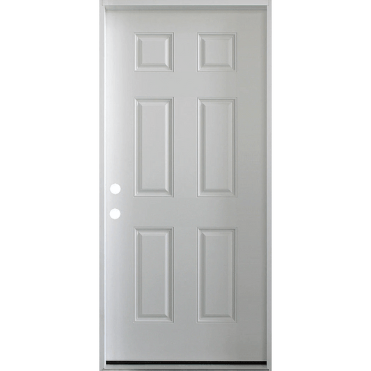 36 in. x 80 in. 6 Panel Fire Rated Unfinished White Prehung Fiberglass Exterior Door with Brickmold - Right-Handed