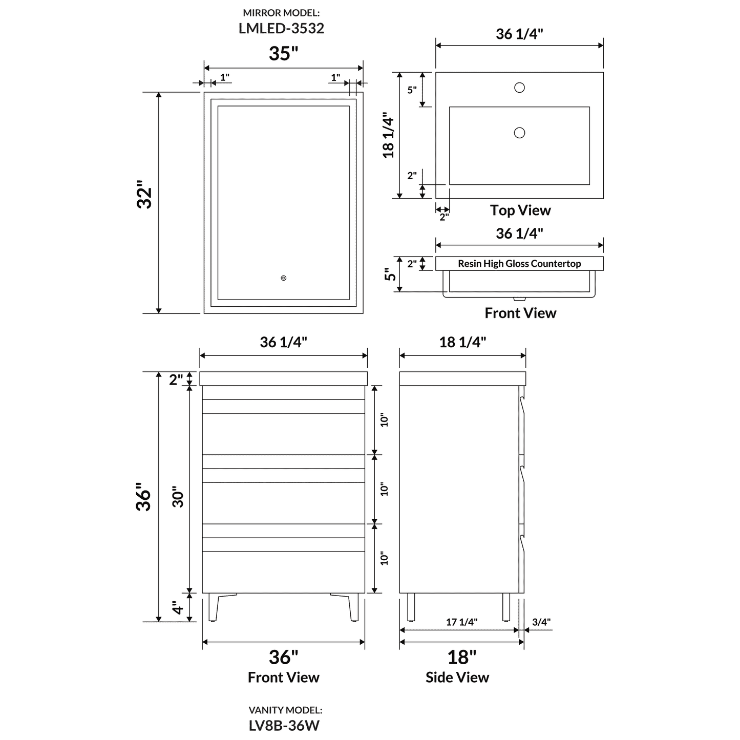 36’’ W Freestanding Modern Gray Vanity LV8B-36G with Square Sink Top - Bathroom Vanities