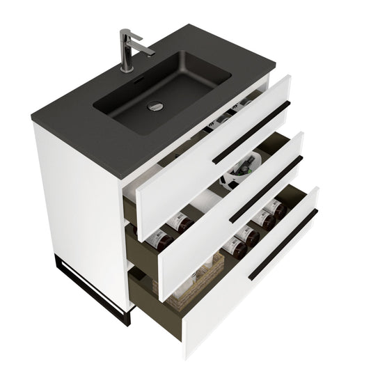 36’’ W Freestanding Single Bathroom Vanity in White Gloss with Matte Black Integrated Sink LV15B-36W - Bathroom Vanities