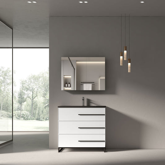 36’’ W Freestanding Single Bathroom Vanity in White Gloss with Matte Black Integrated Sink LV15B-36W - Bathroom Vanities