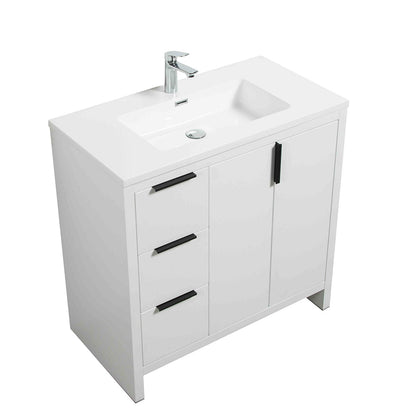 36’’ W Freestanding Single Bathroom Vanity in White Gloss with Quartz Integrated Sink LV14-36W - Bathroom Vanities